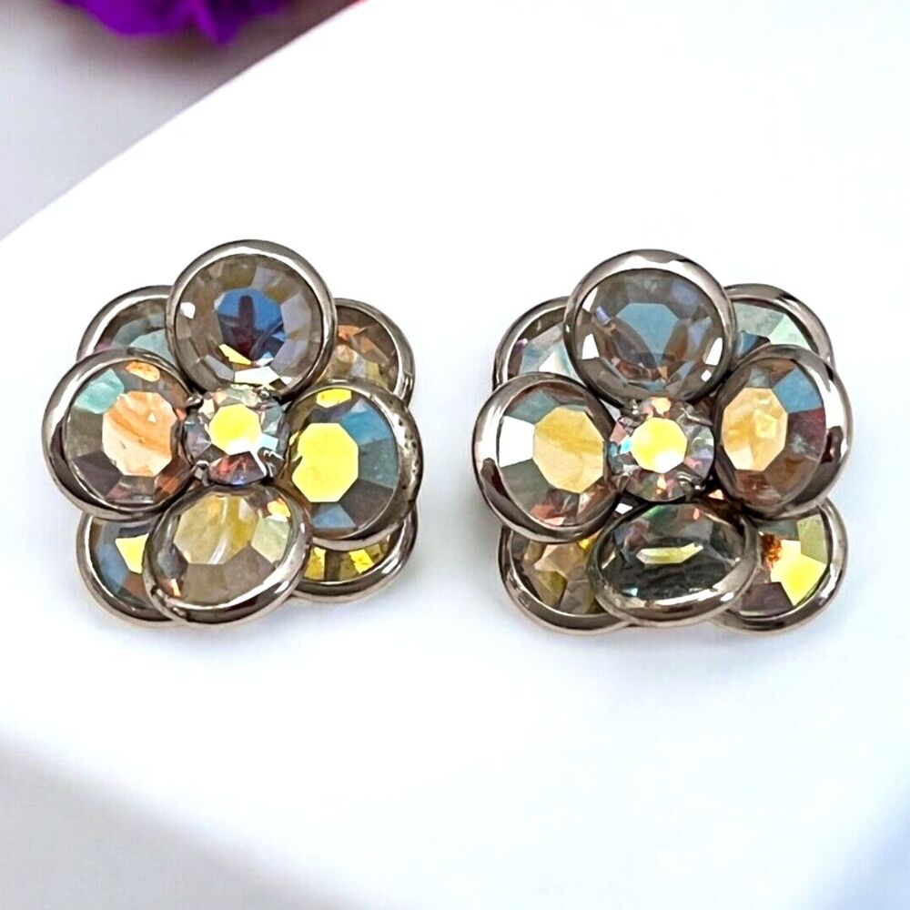 Vintage 1960s AB Crystal Flower Earrings Silver Tone Clip Ons Mid Century- 5F